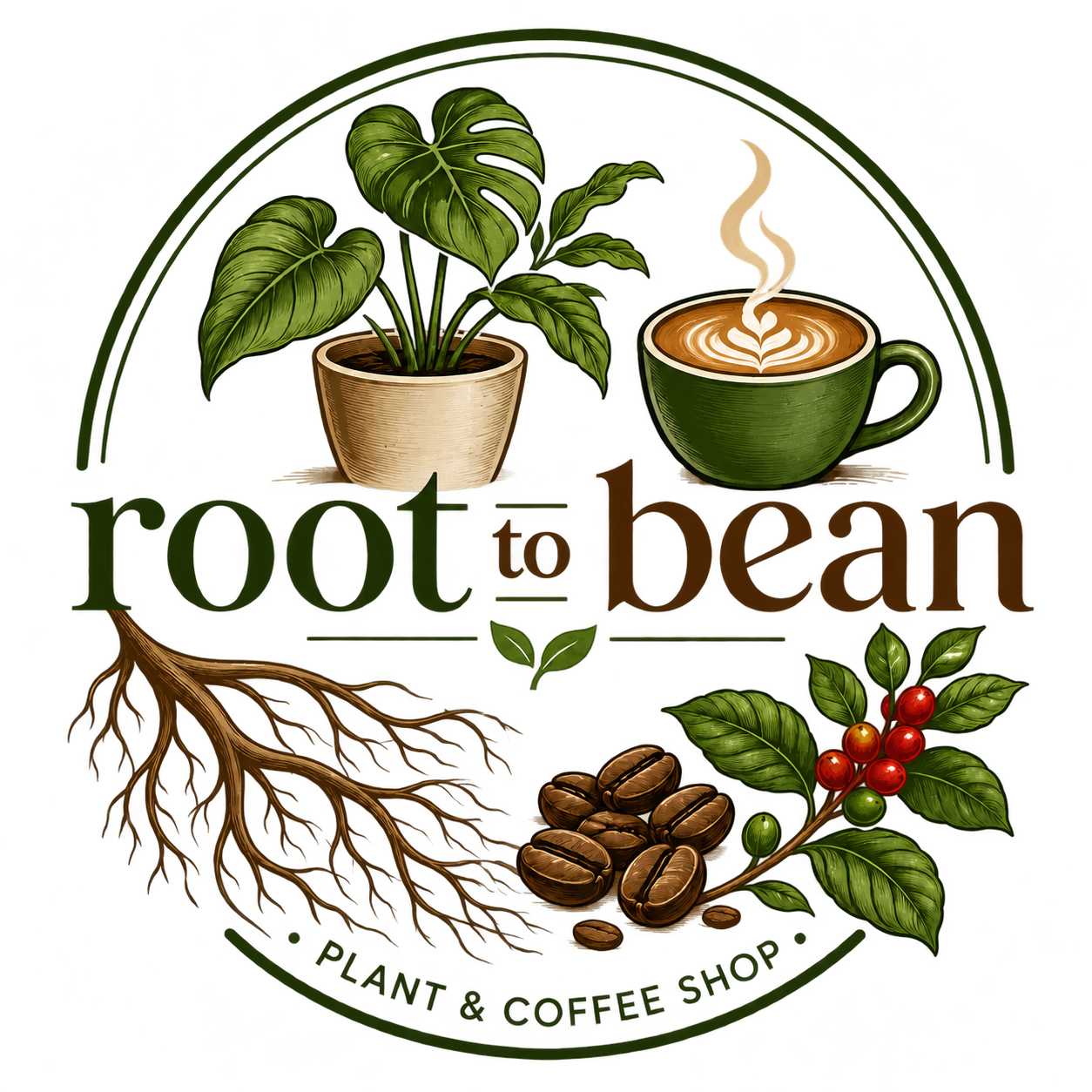 Root to Bean plant and coffee shop logo